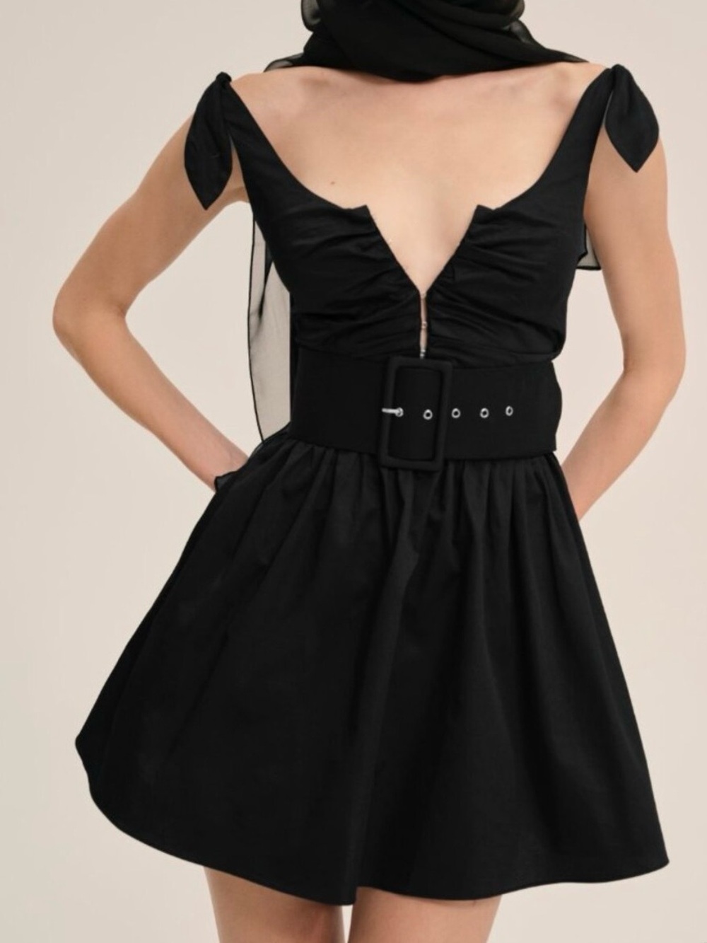 For Love & Lemons Black Mini Dress with Wide Belt - Picture 3 of 6